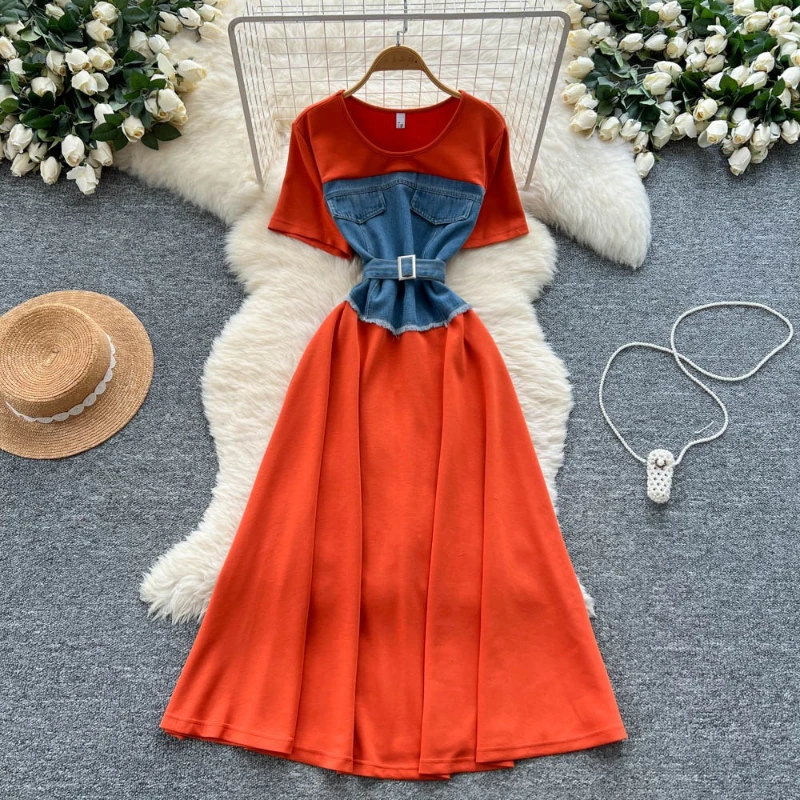 

Long Dress Women Dresses Denim Splice A Line Vestidos Round Neck Short Sleeve Elegant Y2k Streetwear High Waist Work 2025