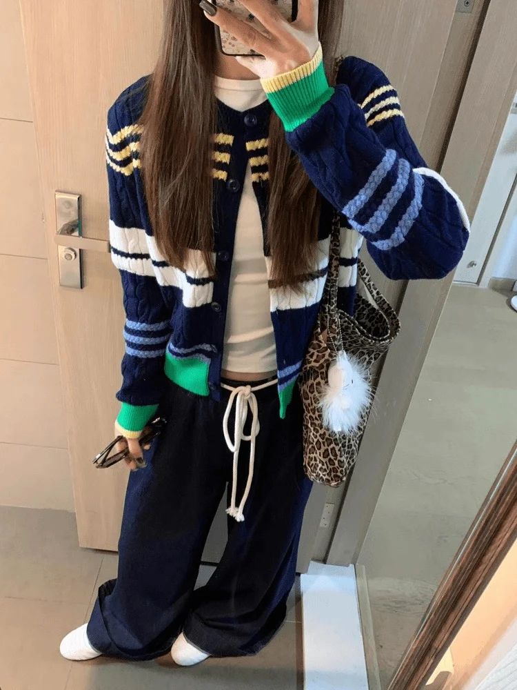 

American Sle Lazy Color Blo Knitted Cardigan Versatile Sweater Jaet for Women Casual Wear Daily Comfortable Long Sve