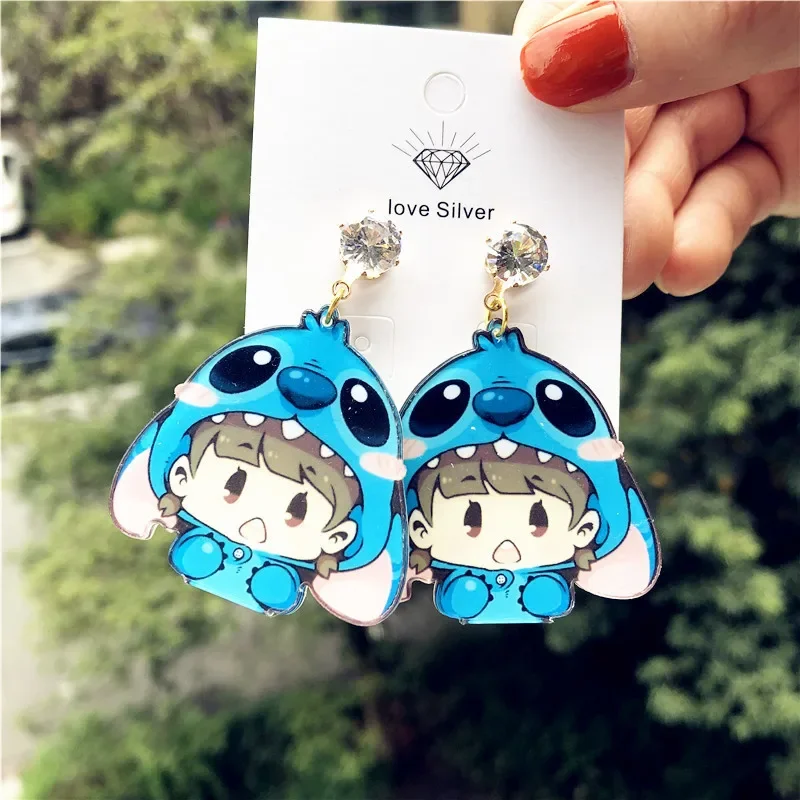 Disney Stitch Acrylic Pendant Earrings Kawaii Cartoon Anime 925 Silver Girl Jewelry Halloween Dress Up Accessories Friends Gifts