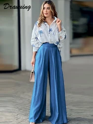 D​rauuing  2 Pieces Sets Women Blouse Shirts Top And Loose Pant Outfits Women Long Sleeve Shirts Wide Leg Pant Matching Sets