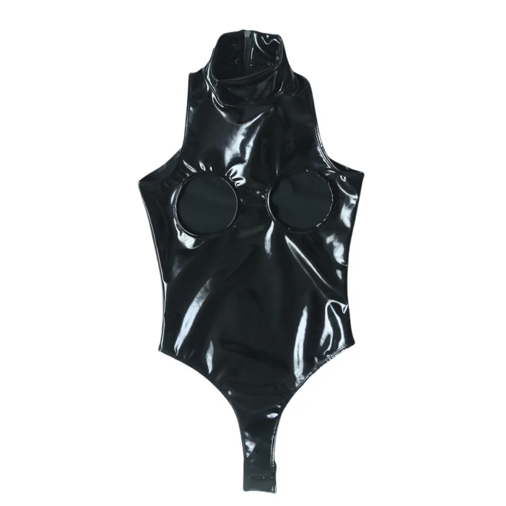 Sexy Women PVC Shiny High Cut Bodysuit Open Bust Crotch One Pieces Thong Dance Wear Latex PU Sexy Tights Maid Leotard
