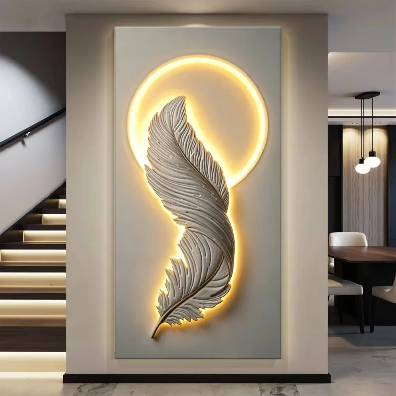 Factory direct sales large size modern still life wall art handmade 3D relief feather mural with LED lighting