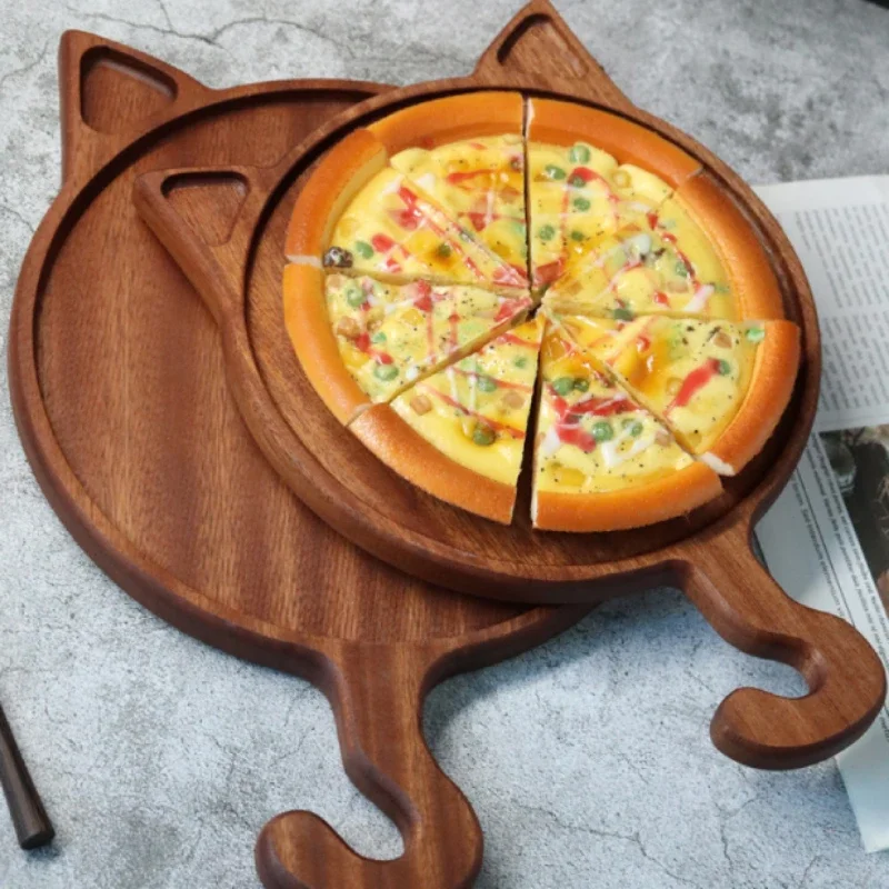 Creative Cat Shape Pizza Tray Whole Wood Ebony Steak Plate Flat Tableware Decorative Serving Board