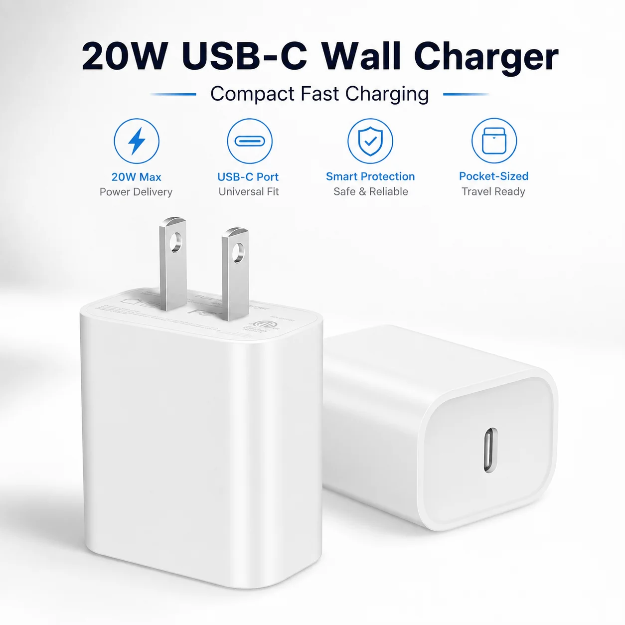 20W PD USB C Fast Charger EU US Plug 1-2PCS Wall Adapter for iPhone 16 15 14 13 12 Pro Max Plus Samsung Phone Charger