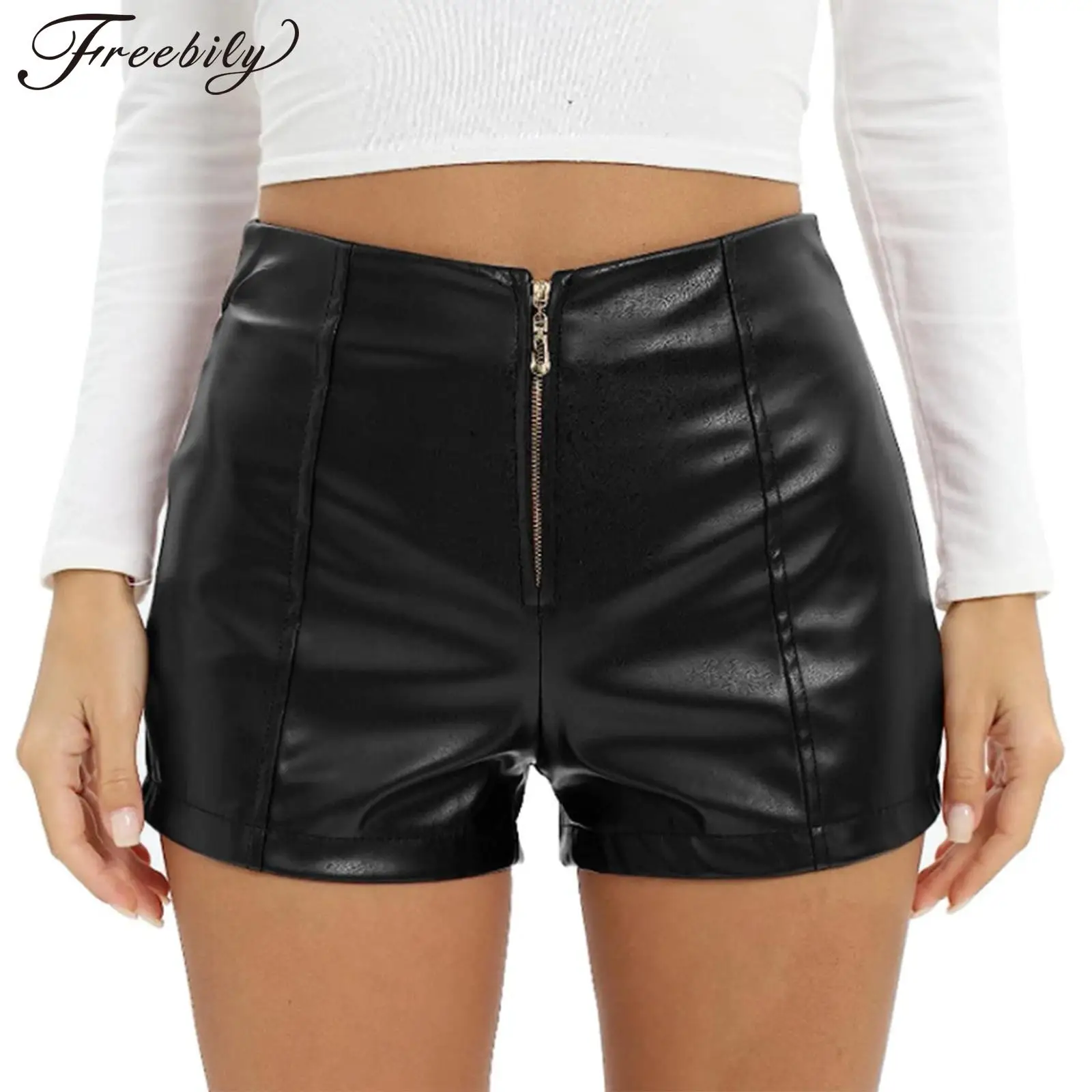 Womens Fashion Shorts Hot Pants Zipper High Waist PU Leather Shorts Nightclub Rave Party Clubwear Festival Pole Dance Costume