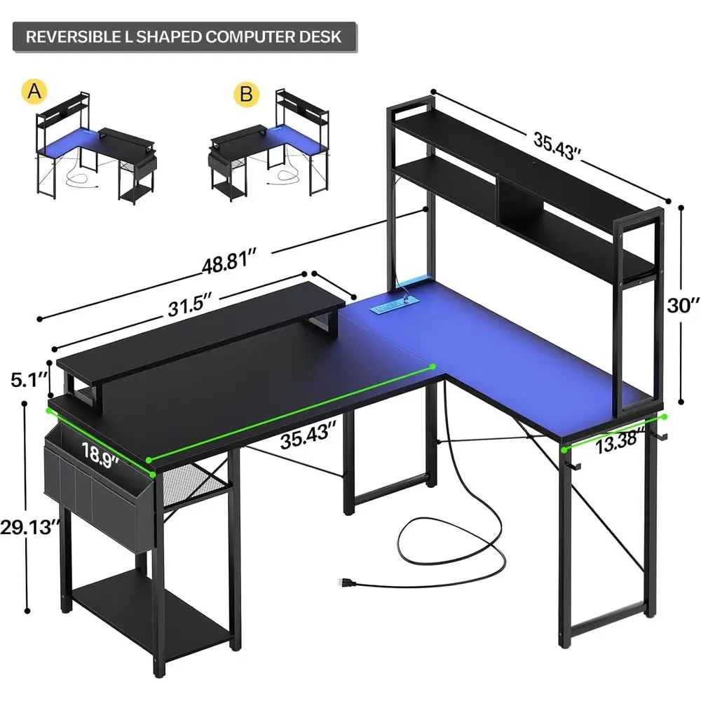 LED-lit L-Shaped Gaming Desk with Power Outlets, Reversible Corner Computer Desk with Storage and Monitor Stand, Black