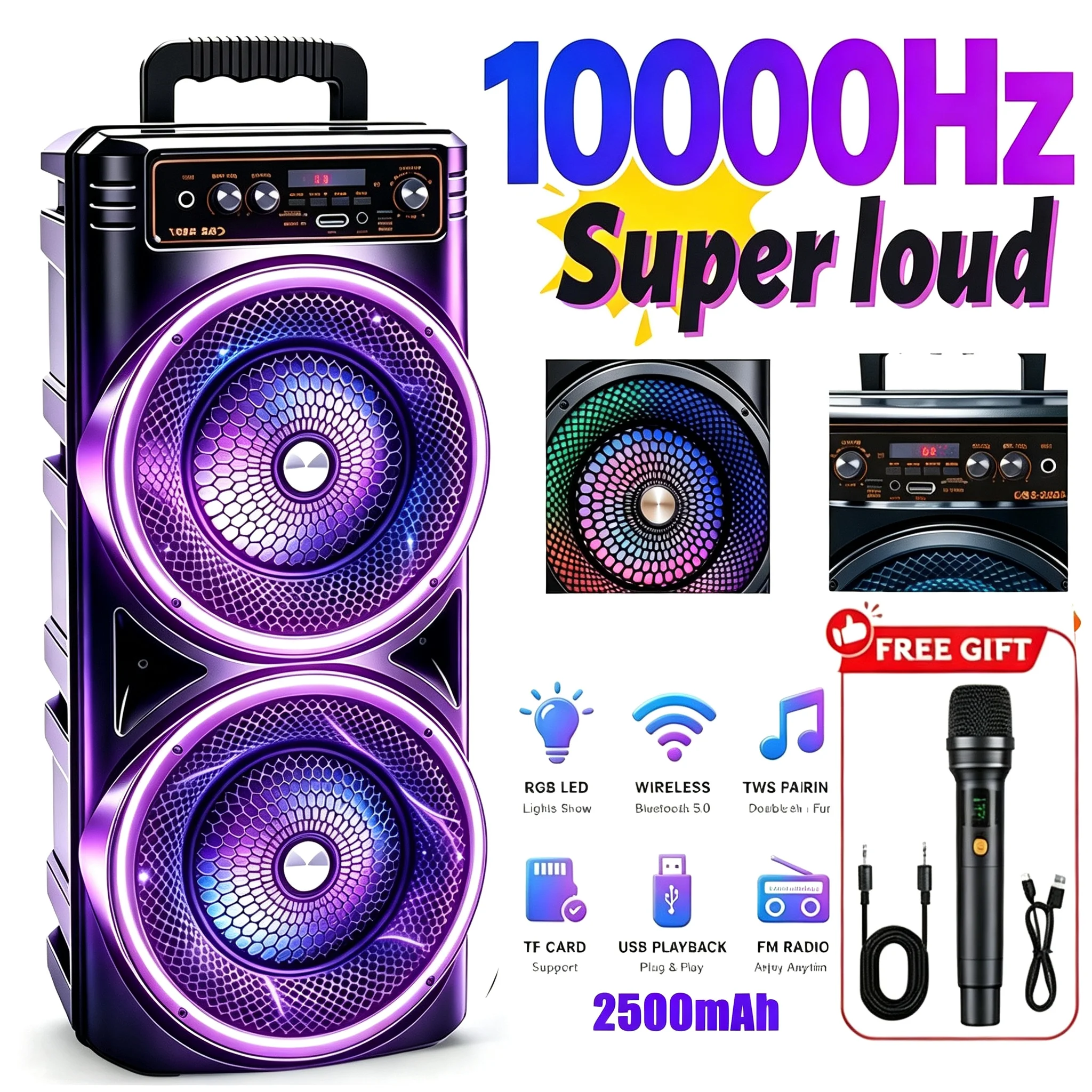 Altoparlante Bluetooth portatile ad alta potenza da 10000Hz, altoparlante Party Box con doppio woofer da 16,8 cm, luci RGB colorate, doppi microfoni wireless, TWS, USB, scheda TF, radio FM, boombox