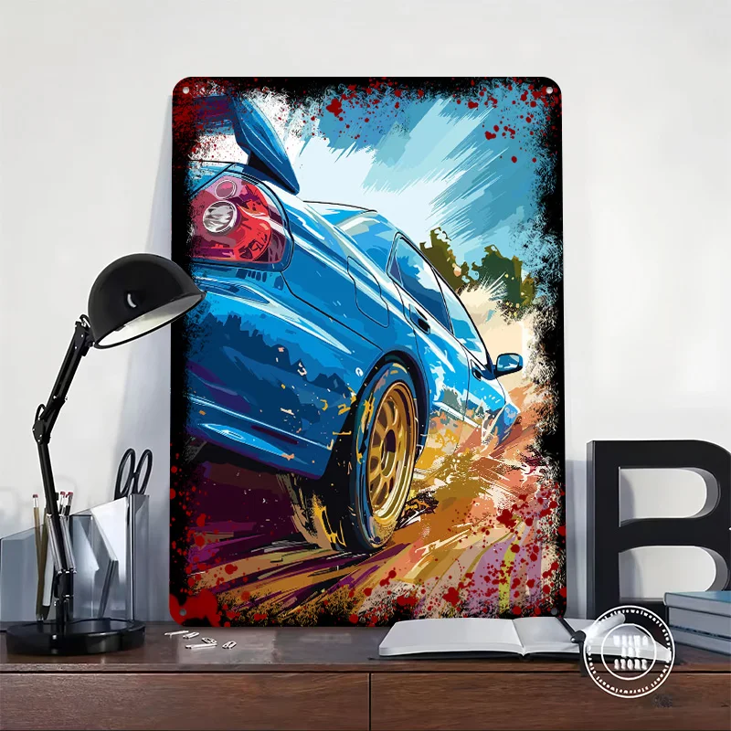 Blue Sports Rally Car Poster Customized Vintage Metal Signs Wall Art Retro Tin Plaque for Gaming Room Decoration Cozy Wand Deko