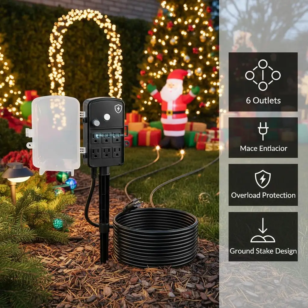 

Удлинитель Yard Power Hub 25 футов для рождественских гирлянд, украшений для сада и газона, 6 розеток, 15А, 1875Вт, с заземляющим штырем