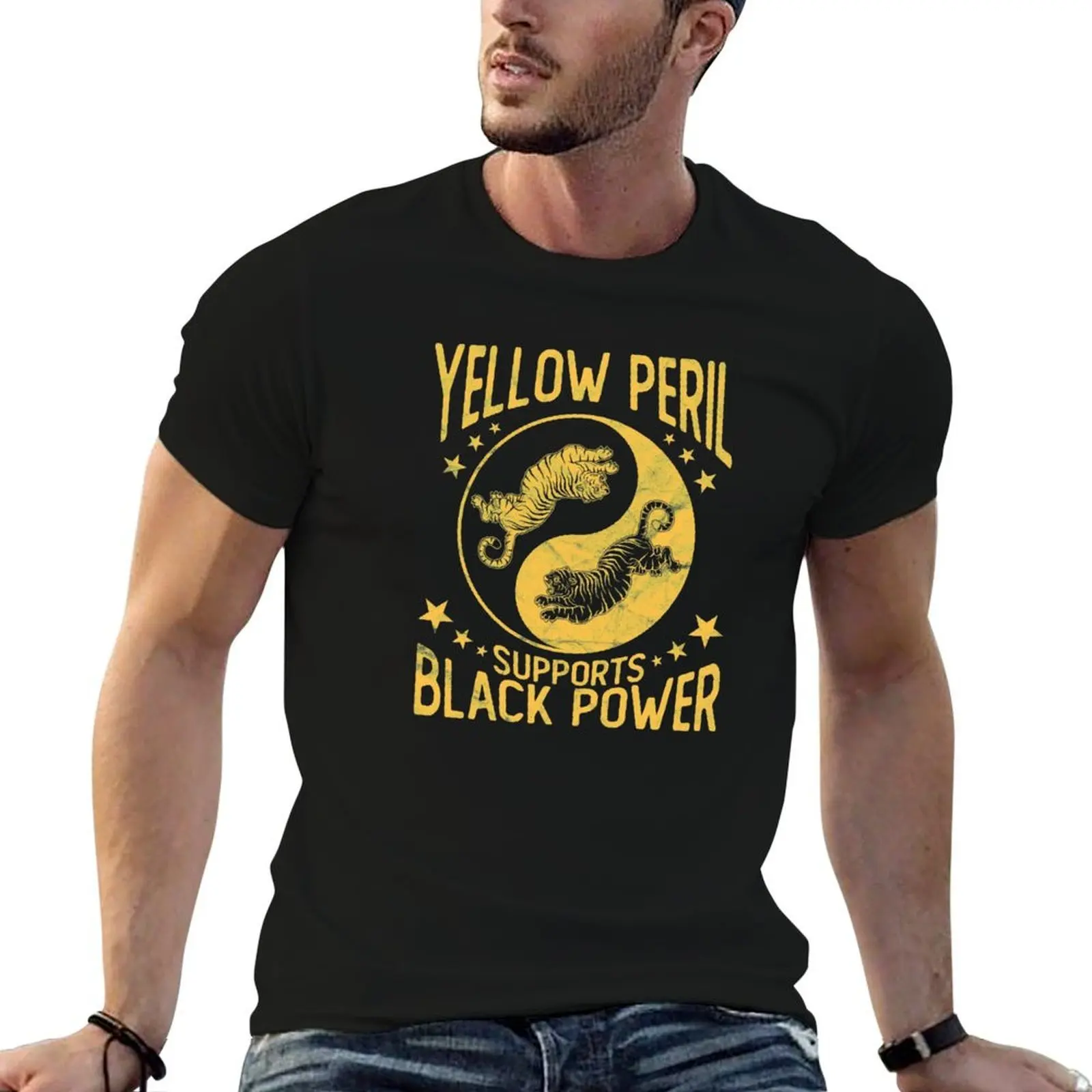 

cotton man T-Shirt Black t shirt Yellow Power Supports man summer t shirt Peril