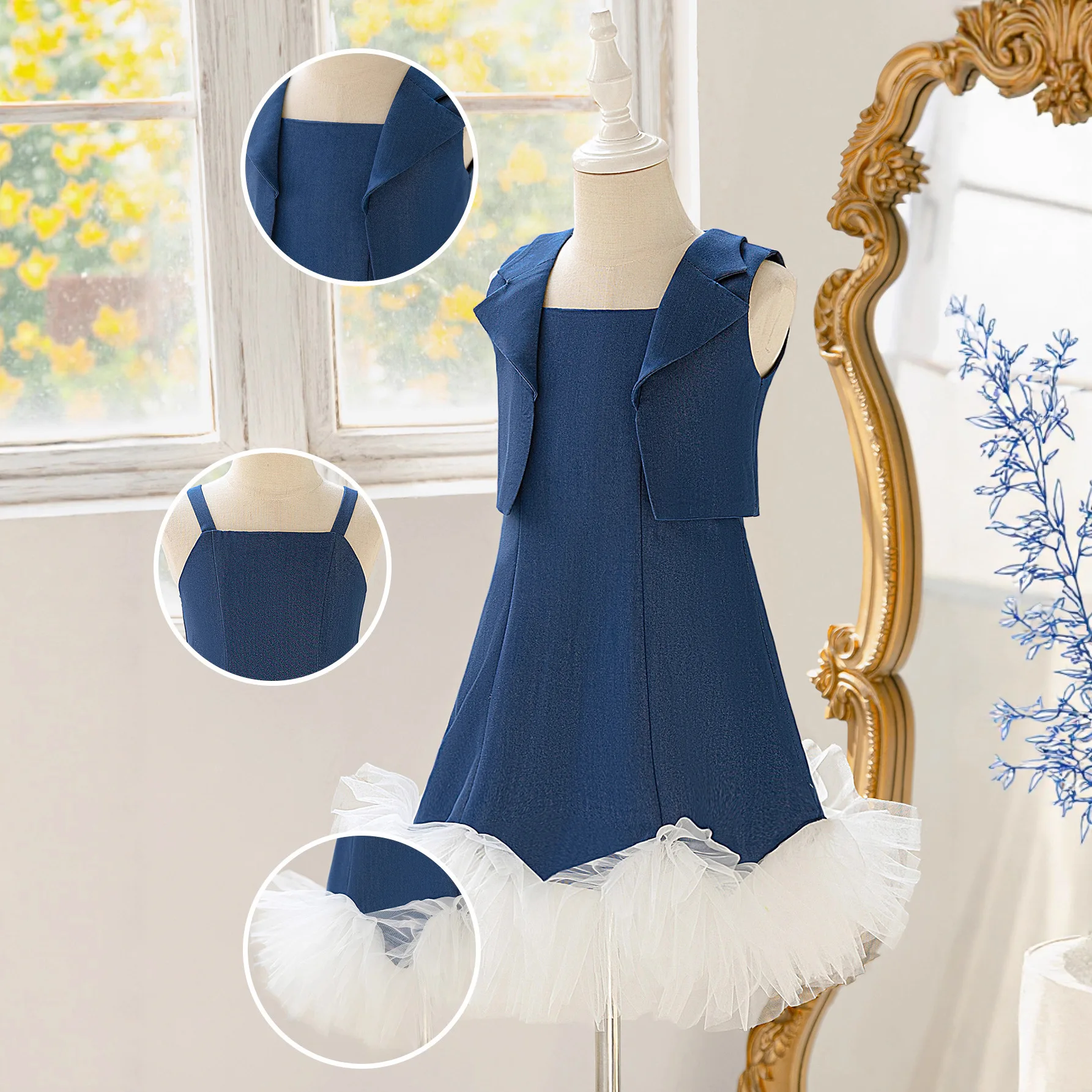 Fashion Girl Denim Dress Set Tulle Mesh Dress with Ruffle Lace Suit Vest Sleeveless A-Line Princess Dresses Suits Wedding Party