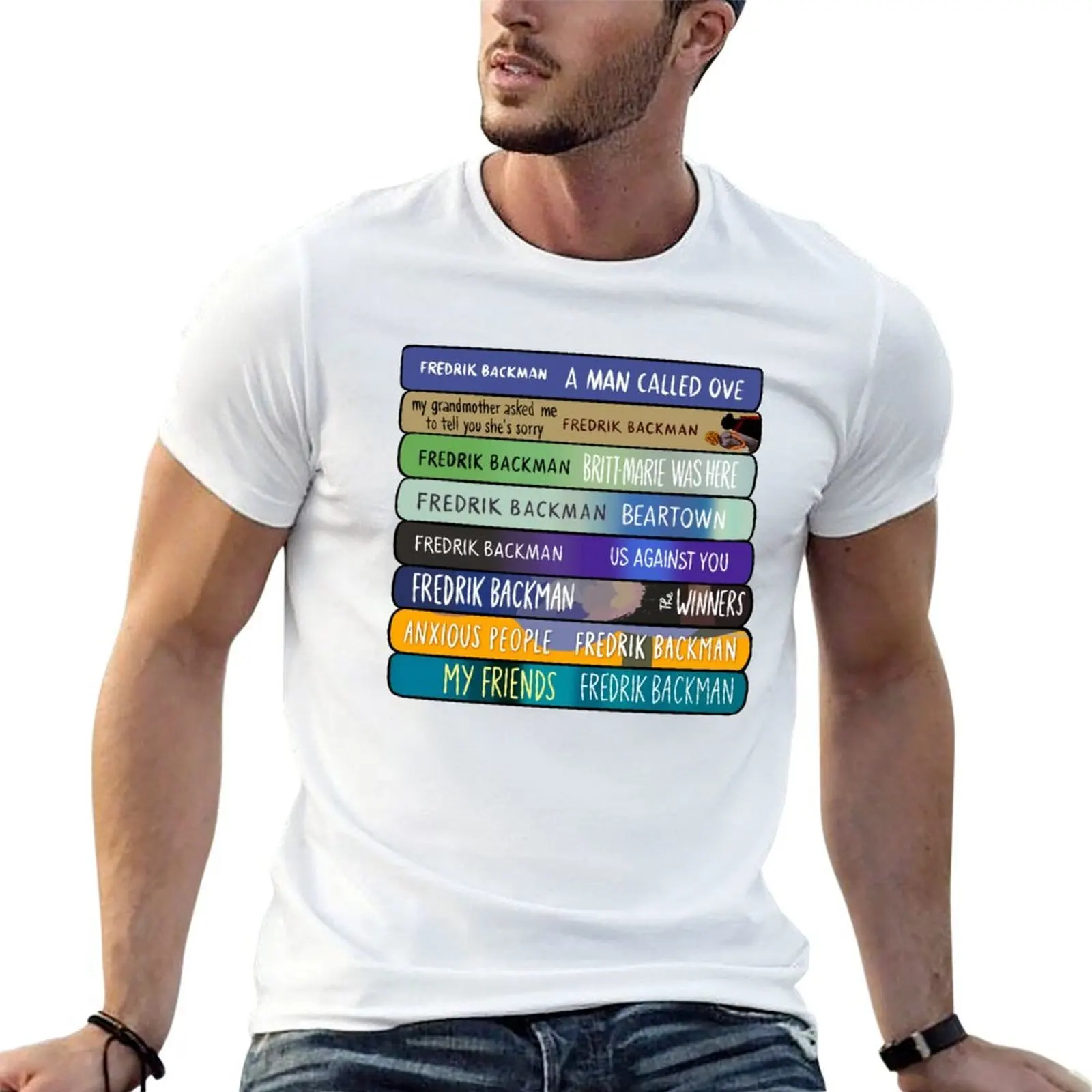 

Fredrik Backman Book Stack – Hand-Drawn Spine Art for Readers T-Shirt man t shirt cotton T-Shirt