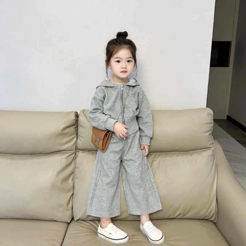 

Children Clothing Set Girls Casual Suit Baby Korean Style Hooded Cardigan Coat and Straight Leg Pants Fashionable Two Piece Set