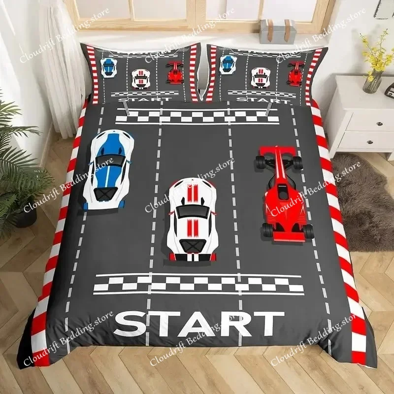 

Sports Car Bedding Set Queen Red Racing Car Comforter Cover Extreme Sports Theme Duvet Cover Black and White Grid Quilt Cover