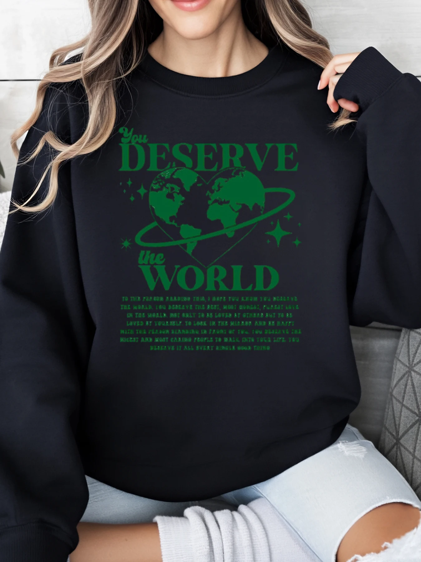 

You Deserve the World Planet Earth Толстовка с принтом Женская повседневная одежда Подарок для нее Черный Большие размеры