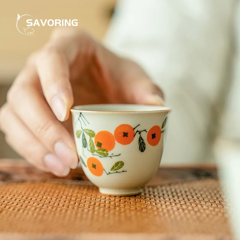 

Hand Painted Persimmon Ceramic Tea Cup Plant Ash Tea Tool Puer Tea Master Cup Tea Bowl Small Tea Cup Kungfu Tea Set Tea Supplies