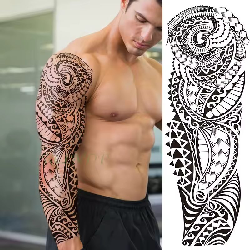 Adesivo per tatuaggio temporaneo impermeabile totem geometrico braccio intero manica di grandi dimensioni tatoo tatuaggi flash tatto finti per uomo donna