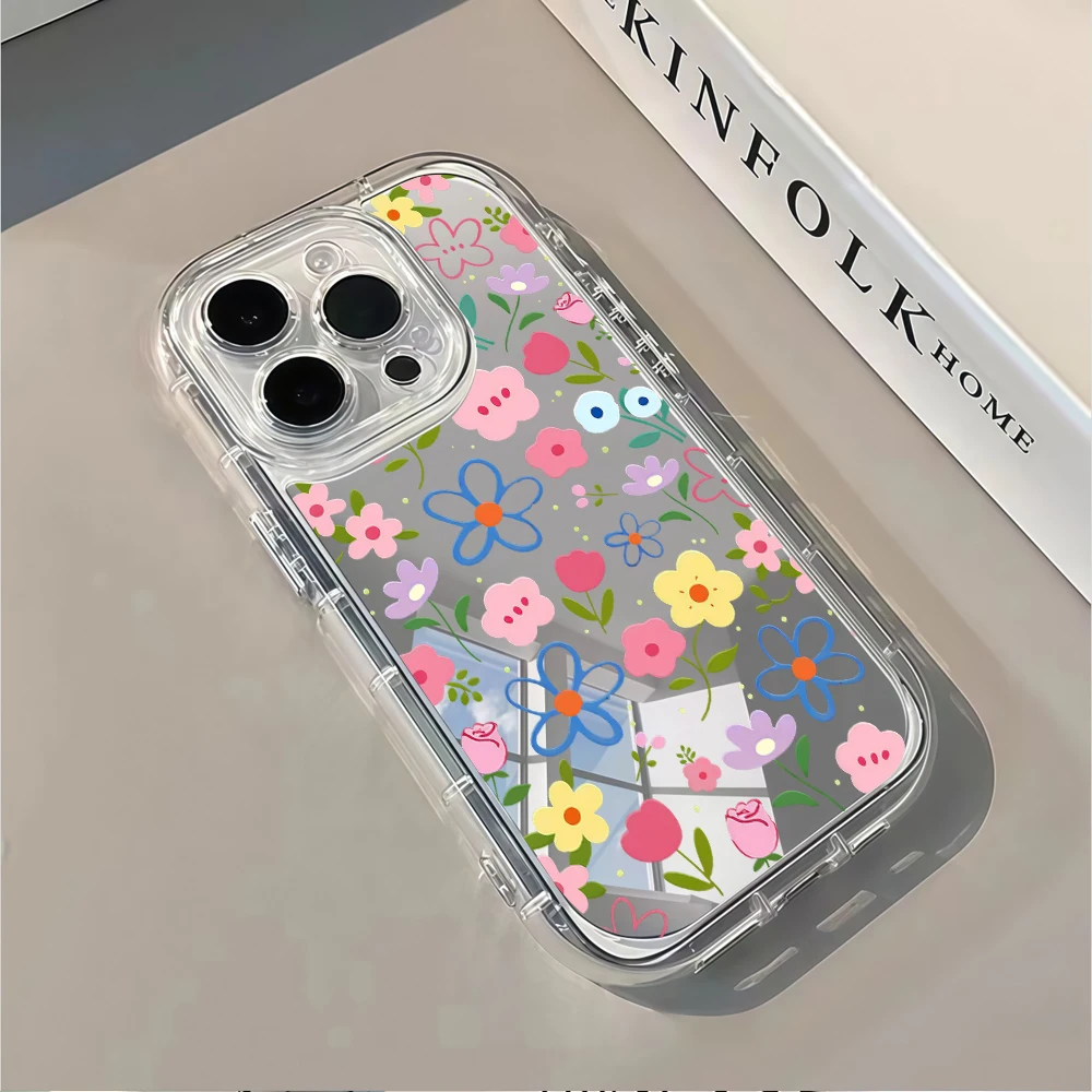 Korean Ins Style Floral Silver Mirror Phone Case For iPhone 17 Pro Max 15 16 14 13 12 11 7 8 Plus Pro 17 Air XR X Max Soft Cover view 4