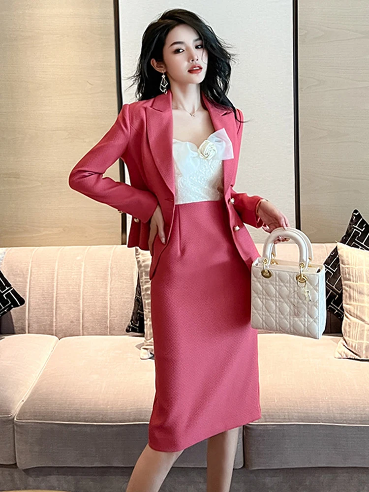 Elegante Süße 2 Stück Kleid Anzug Sets für Frauen 2023 Einreiher Jacke Glanz Pailletten Rose Bogen Slip Strap Dünne midi Kleid