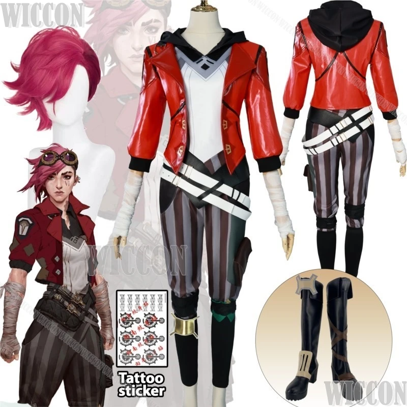 Vi  Arcane Anime LOL Cosplay Costume Prop Red Coat Wig Tattoo Sticker Women Girl Holloween League of Legends Roleplay Customized