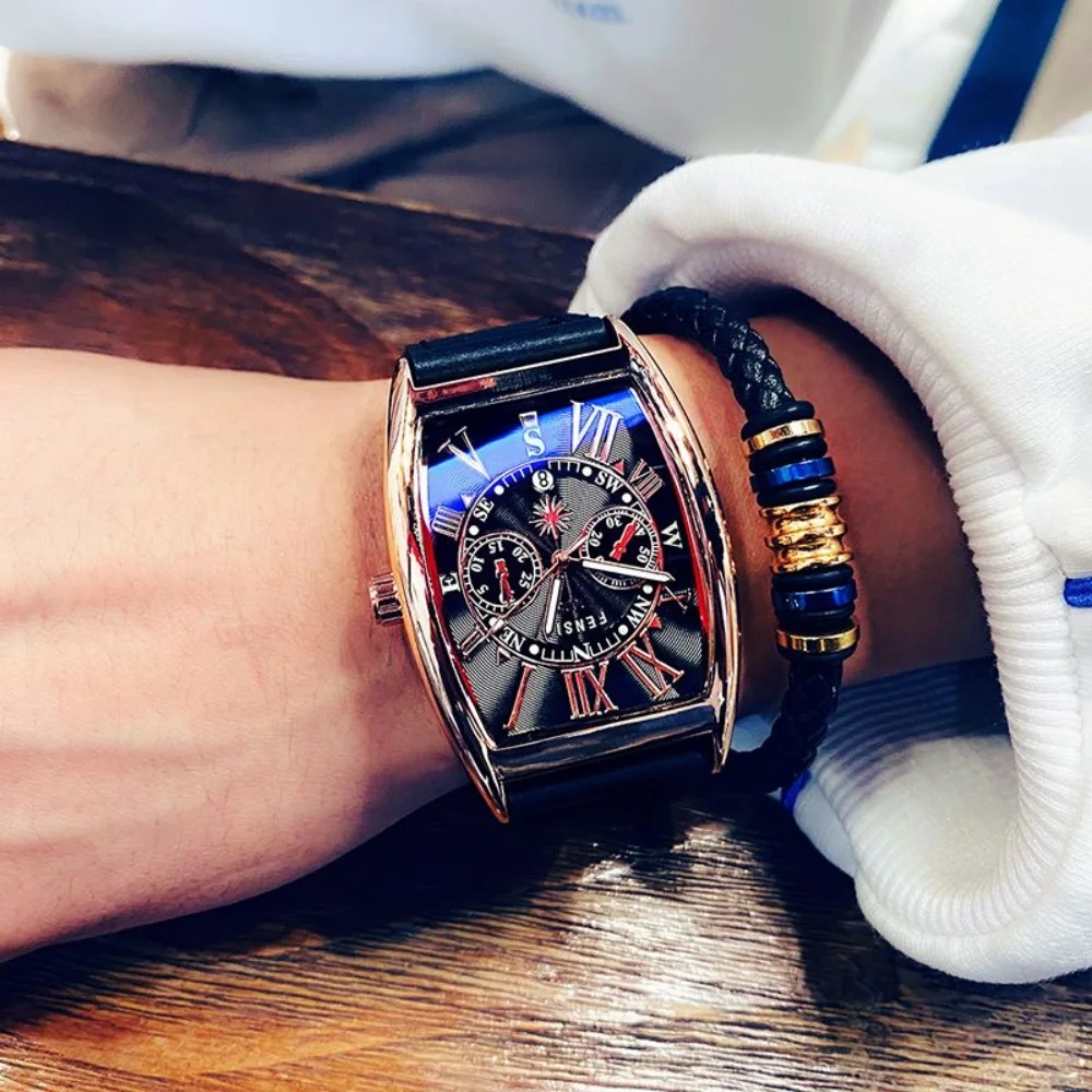 Barrel-Shaped Watch for Men, Fashionable Calendar Casual Waterproof Watch, Korean Style Simple Quartz Watch for Male Students, the Best Gift for Him