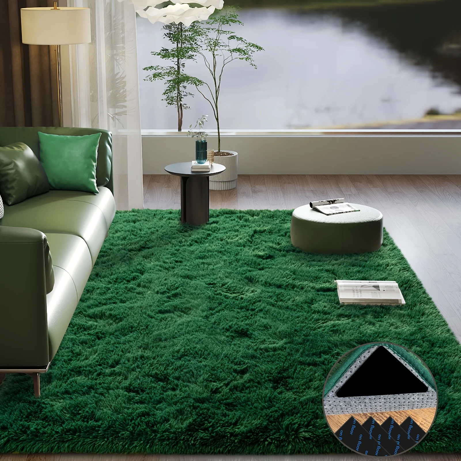 Tapis moelleux doux vert foncé, adapté au tapis de décoration de salon, chambre à coucher, tapis en peluche carré antidérapant amélioré