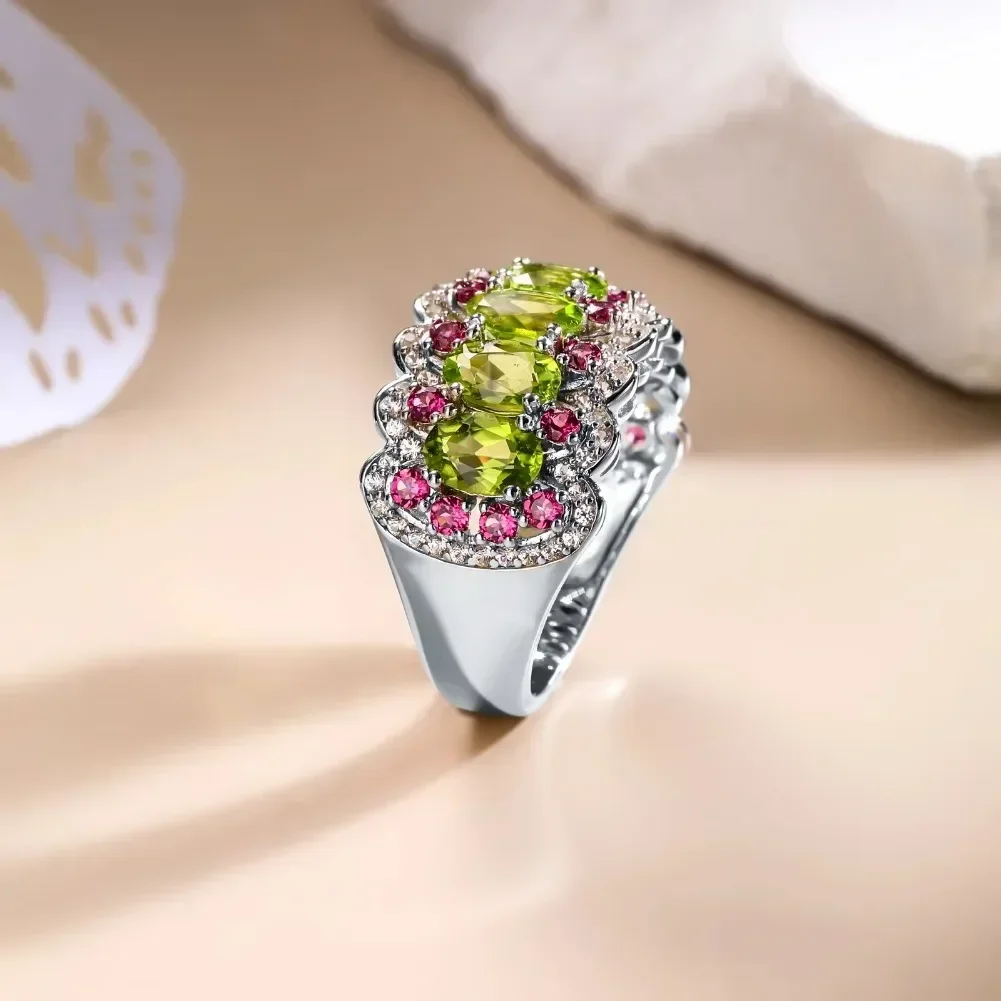 GZ ZONGFA Natural Peridot Rhodolite Jewelry Gemstone 925 Sterling Silve Chunky Finger Womens Ring For Women Birthday Gifts