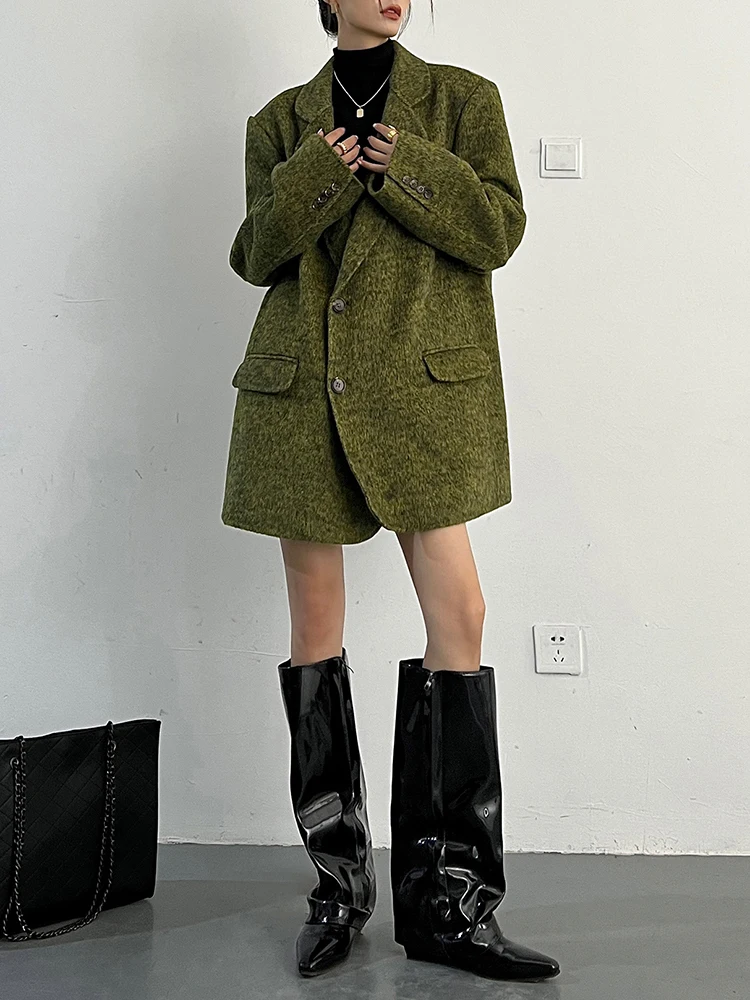 YERMORA Green Button Vintage Wool Blazer For Women Lapel Long Sleeve Loose New Thick Jacket Fashion Tide Autumn Winter 2025