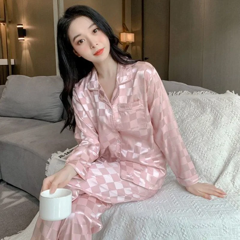 

Light Luxury Silk Women Pajamas Spring and Autumn Long Sleeve Cardigan Large Size Loose Loungewear Emboitement Fashion Ice Silk