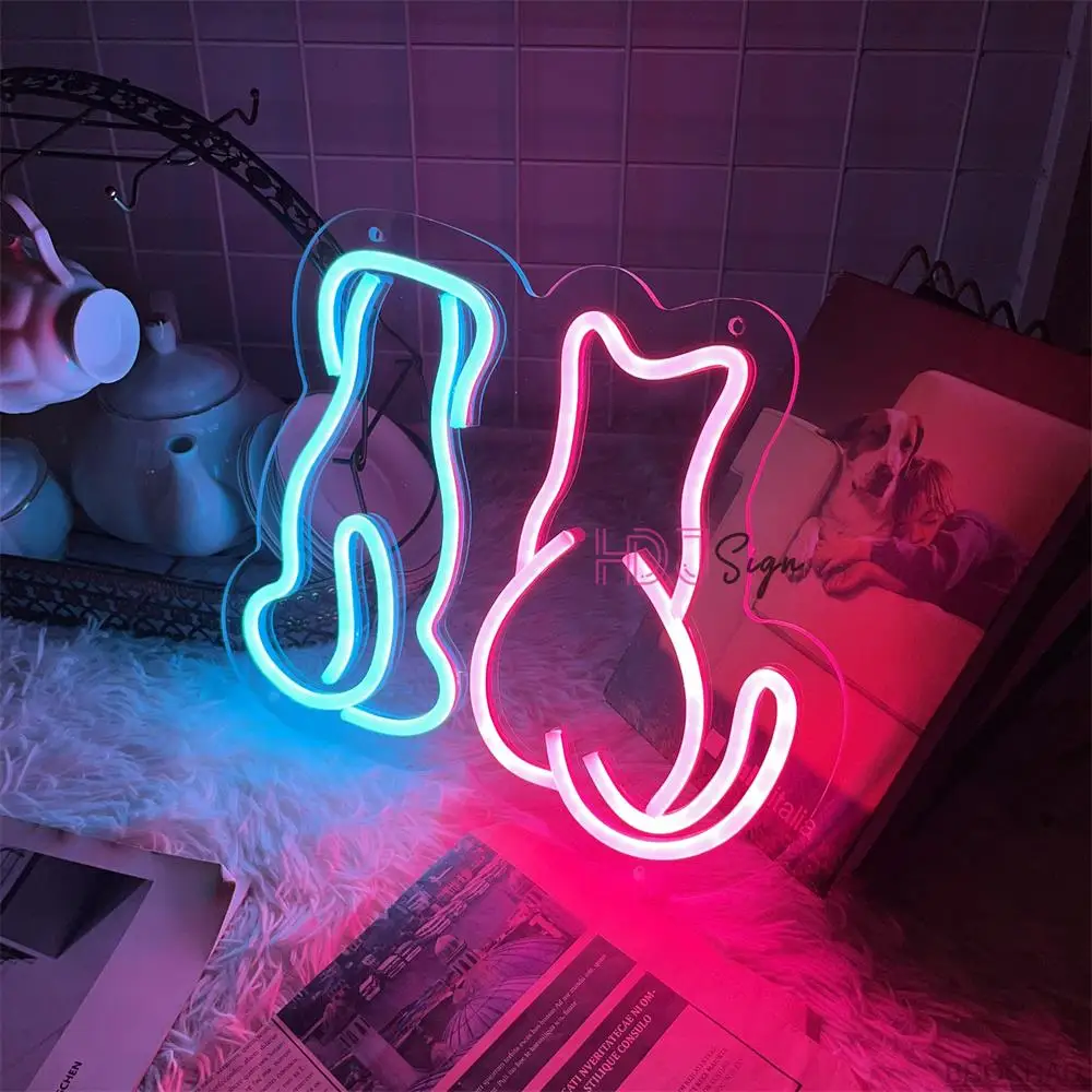 Dog & Cat Logo Custom Sign for Room Decoration LED Neon Night Lights Couple Home Kid's Bedroom Cafe Store Design Wall Decor