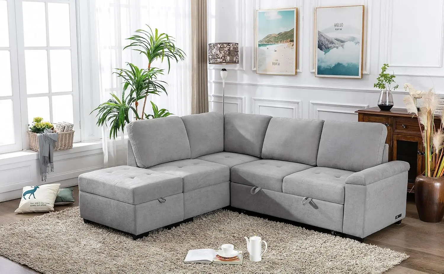 Convertible Sleeper Sectional Sofa Couch with Pull-Out Sleeper, L-Shape Corner Sofa Bed with Storage Ottoman and Hidden Arm