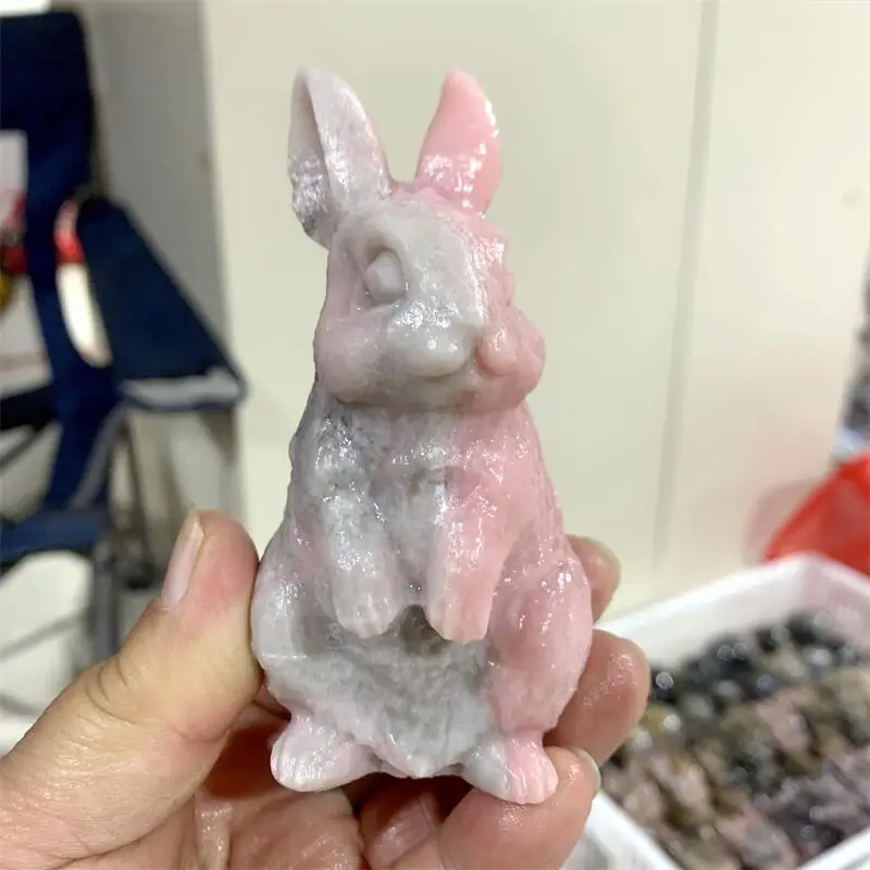 

Natural Pink Opal Rabbbit Carving Animal Landscaping Healing Christmas Home Decoration Gift 1pcs