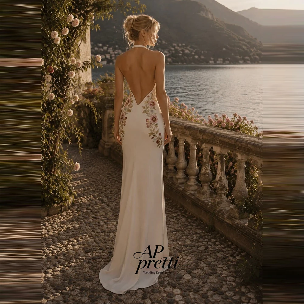 AP pretti Fabulous Soft Satin Wedding Dress Applique Customized Halter Sleeveless Floor-Length Bridal Gown Robe De Mariée 