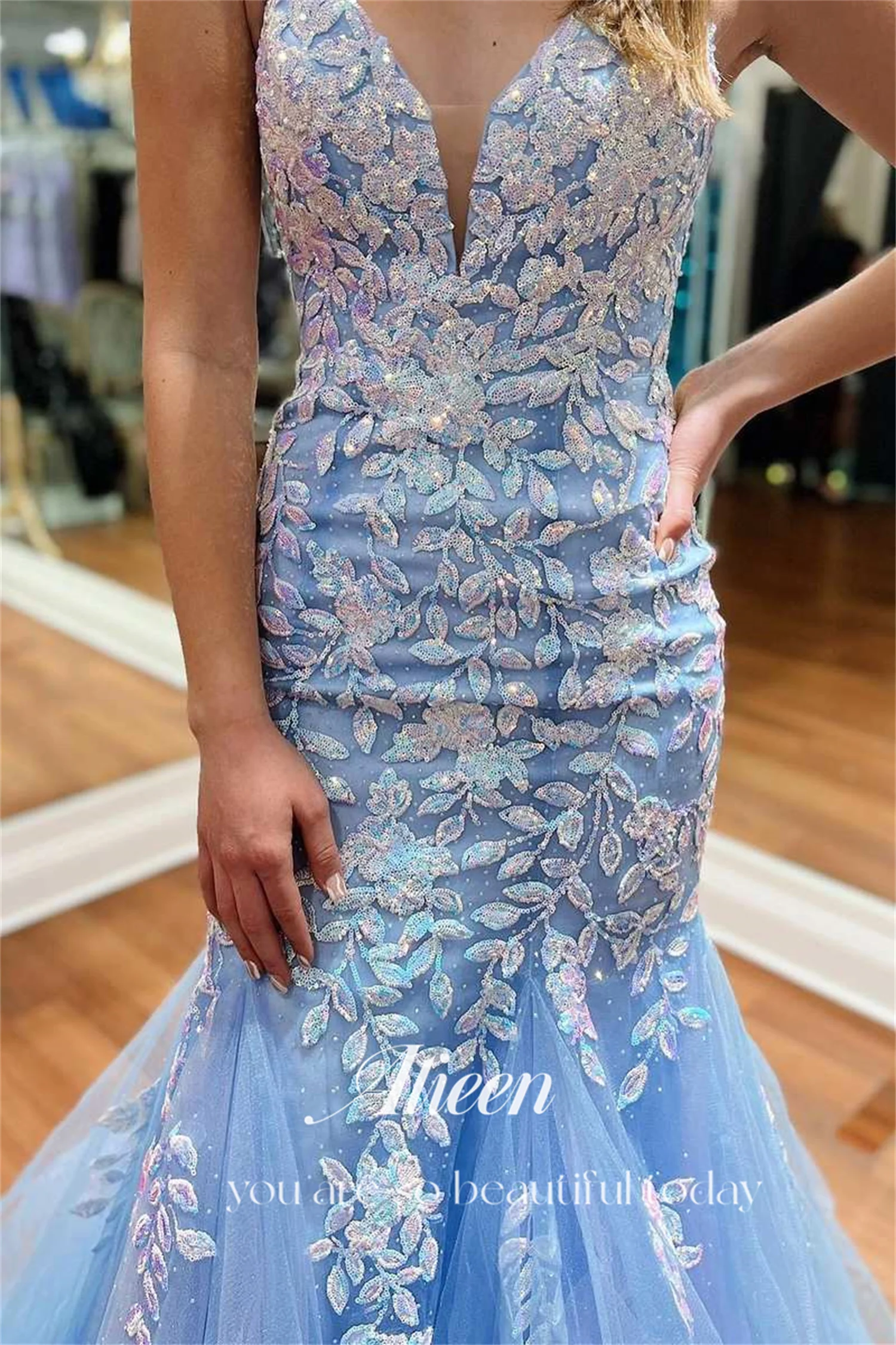 Aileen Sky Blue Appliqué Lace Backless V-neck Women Evening Dress Graduation Gown Dresses Luxury Woman Gala 2023 Women\'s Party