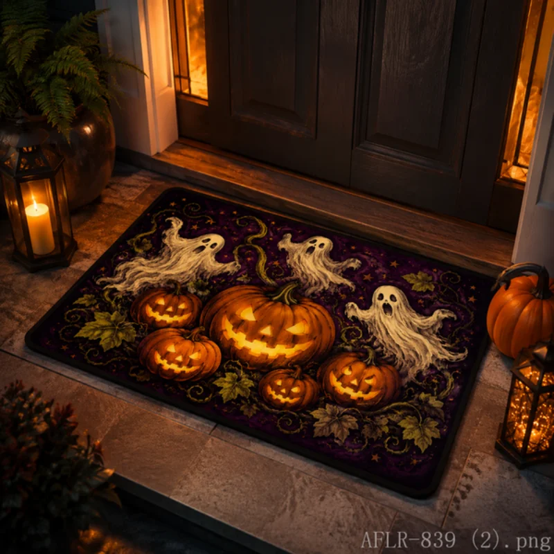 VIKAMA Dancing Skeleton Doormat Halloween Disco Ghost Pumpkin Candy Print Non Slip Front Porch Entryway Floor Mat