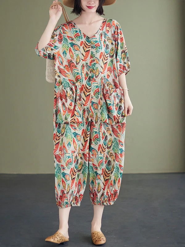 Tuta artistica con stampa retrò Estate da donna Nuovo V-ne Dimagrante Pantaloni larghi a lanterna alla moda taglie forti Pantaloni casual