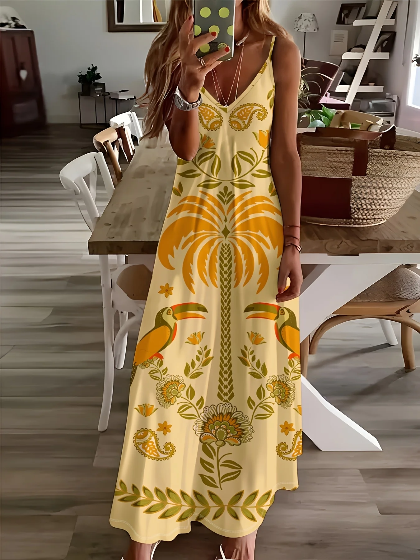 Vacation Dress for Women Long Sleeve V Neck Floral Print Tropical Toucan Palm Leaf Summer Dress Casual Flowy Midi Dress