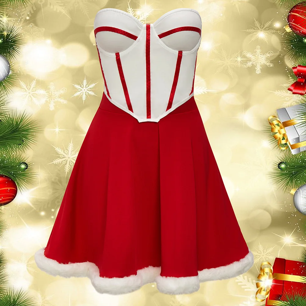 Women Tube Top with Skirt Suit Plush Fabric Party Performance Costume Sleeveless Style Suitable for Multiple Seasons