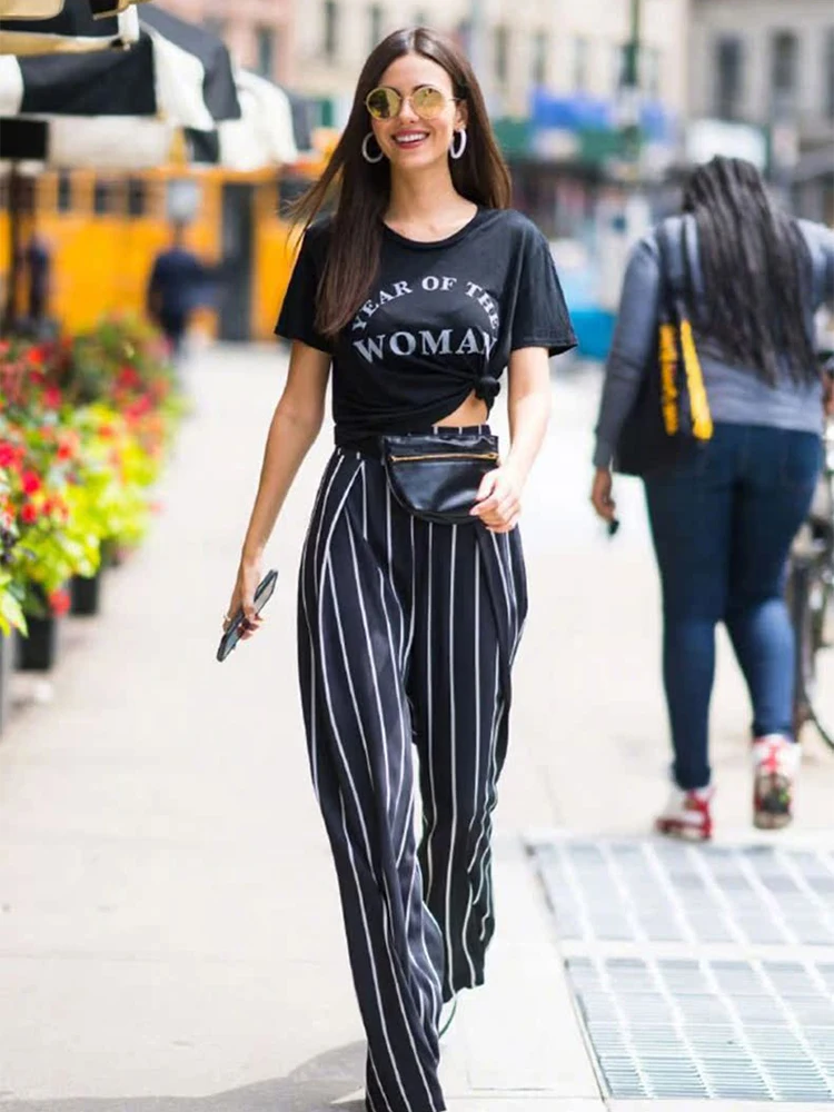 

High Waist Wide Leg Pants Women's Summer Casual Long Pants Black White Stripes Casual Trousers Comfortable Thin Polyester