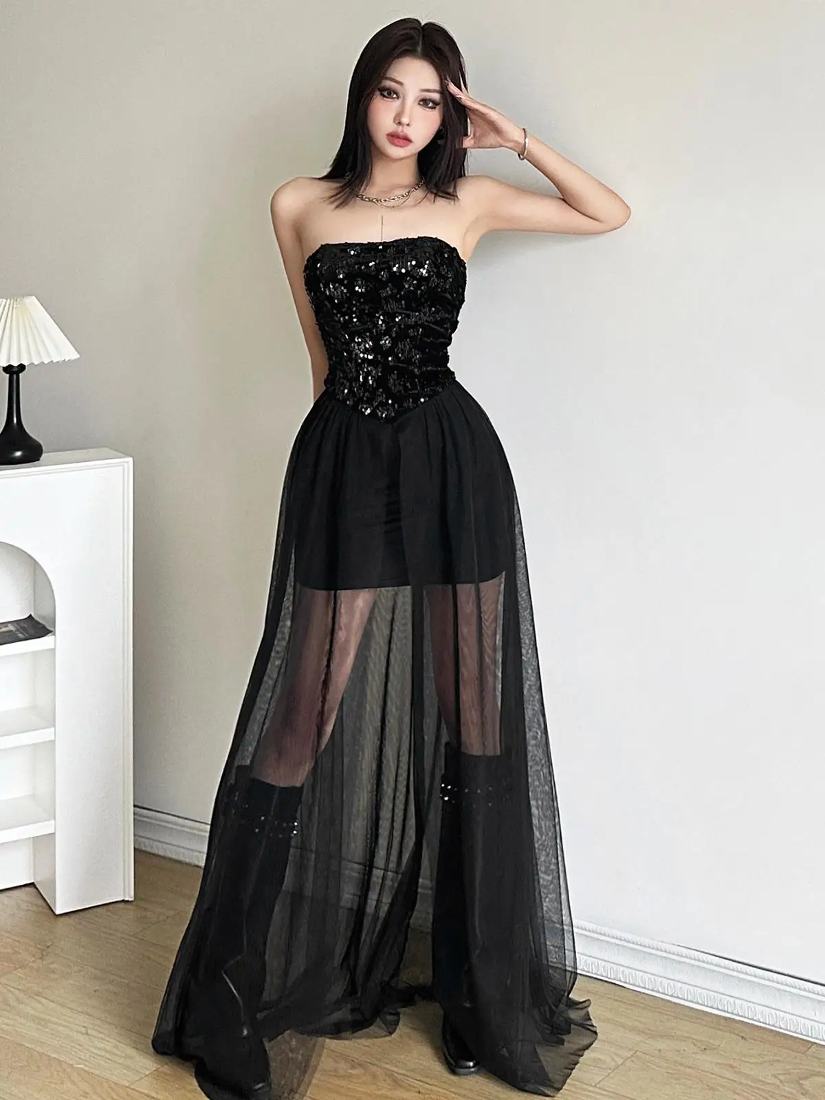 Vestido Midi E Sem Alças com Brilho para loween, Design F com Malha e Cobertura para o Bumbum, Estilo de Rua...