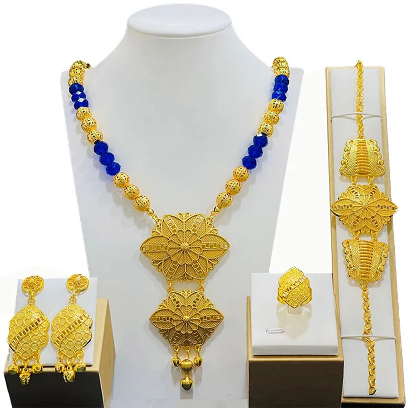 Dubai 24K Gold Plated Bridal Necklace Bracelet Earring Ring Ladies Four Piece CHD20979