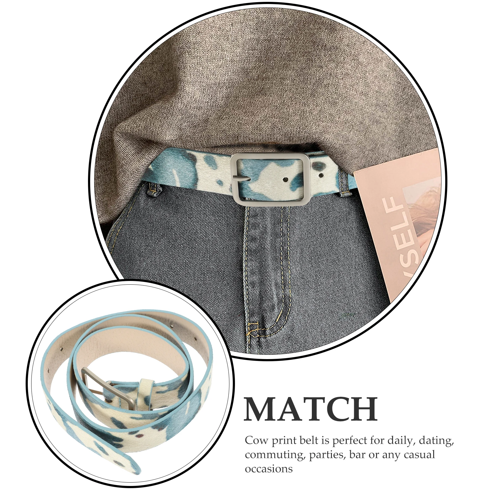 

Cow Print For Women Adjustable Waist Band Western Style Animal Print Blue Jeans Belt Cowhide Pants Belt Cowgirl