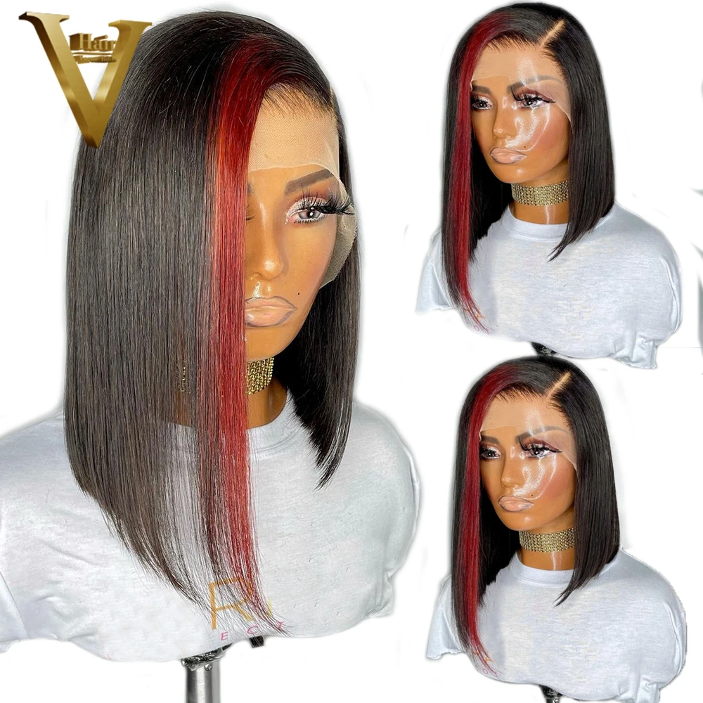 

Highlight Red Colored Bob Cut 13X6 Lace Front Wig Straight Brazilian Human Hair Short Pixie 4X4Closure Wigs For Women Preplucked