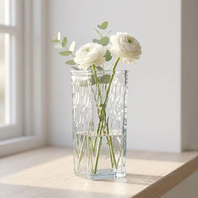 Clear Glass Flower Vase Wavy Textured Design Thick Sturdy Base Perfect For Living Room Dining Table Decor