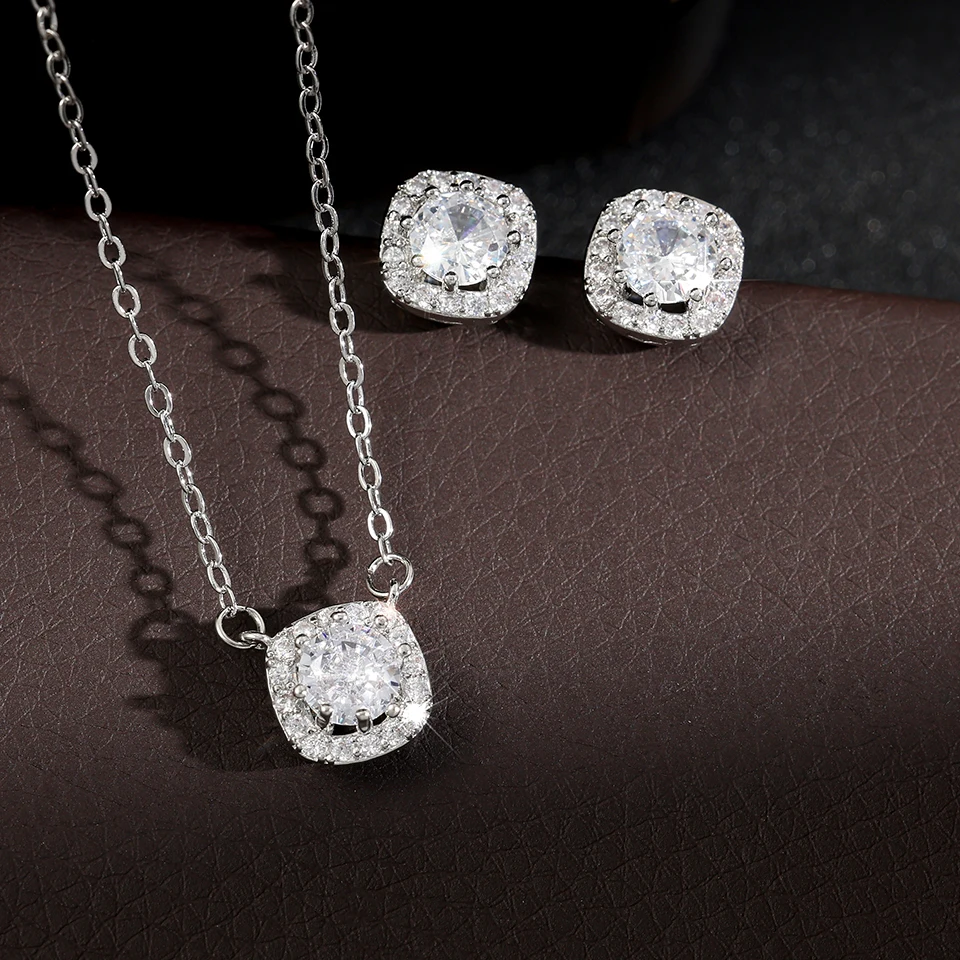 ZAKOL Fashion Yellow White Cubic Zirconia Square Stud Earrings Necklace Set for Women Shinny Round Crystal Wedding Jewelry SP314