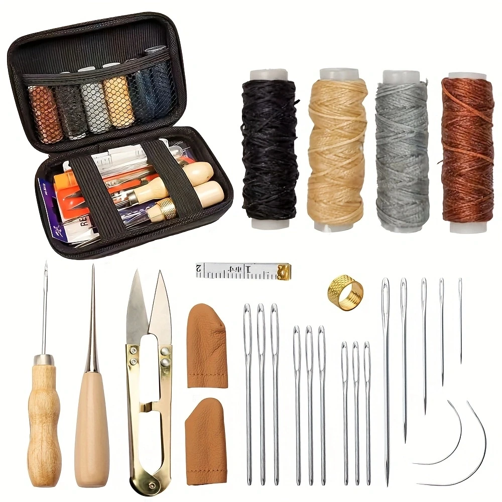 28/32pcs Leather Sewing Kit, Leather Working Tools and Supplies,  with Large-Eye Stitching Needles Leather Upholstery Repair Kit