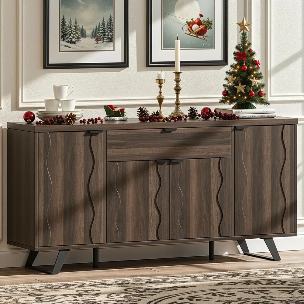 

Sideboard Buffet Cabinet, Kitchen Buffet Storage Cabinet, Mid Century Modern Storage Cabinet with 4 Doors & Shelves.