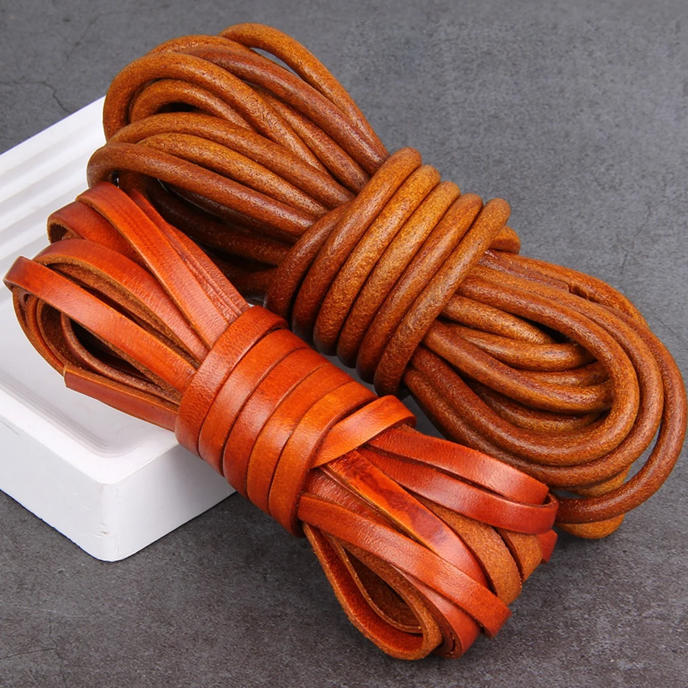 REGELIN 2meter  Retro Yellow Coffee Cow Leather Strap Findings Flat/Round Leather Cord String Rope DIY  Bracelet Making