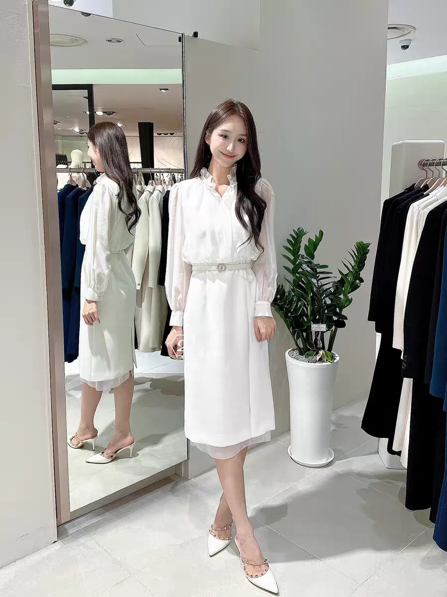 

Elegant Gentle Fashionable Long Sleeve V-Neck Shirt Dress Women's Spring Summer New Style Korean Version Soft Maturity Wind