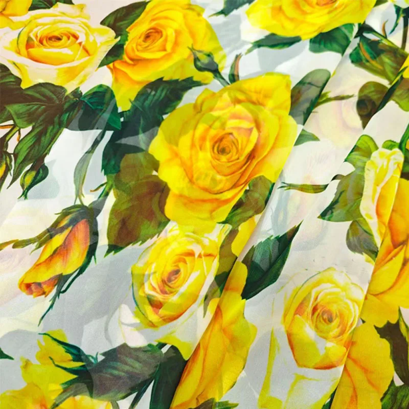 2024 Europe and America Yellow Rose Flower  Printed Cotton Or Chiffon Fabric For Women Summer Dress Blouse DIY Cloth Sewing